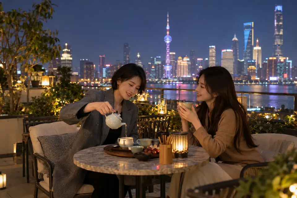 屋顶露台夜茶交流与倒茶