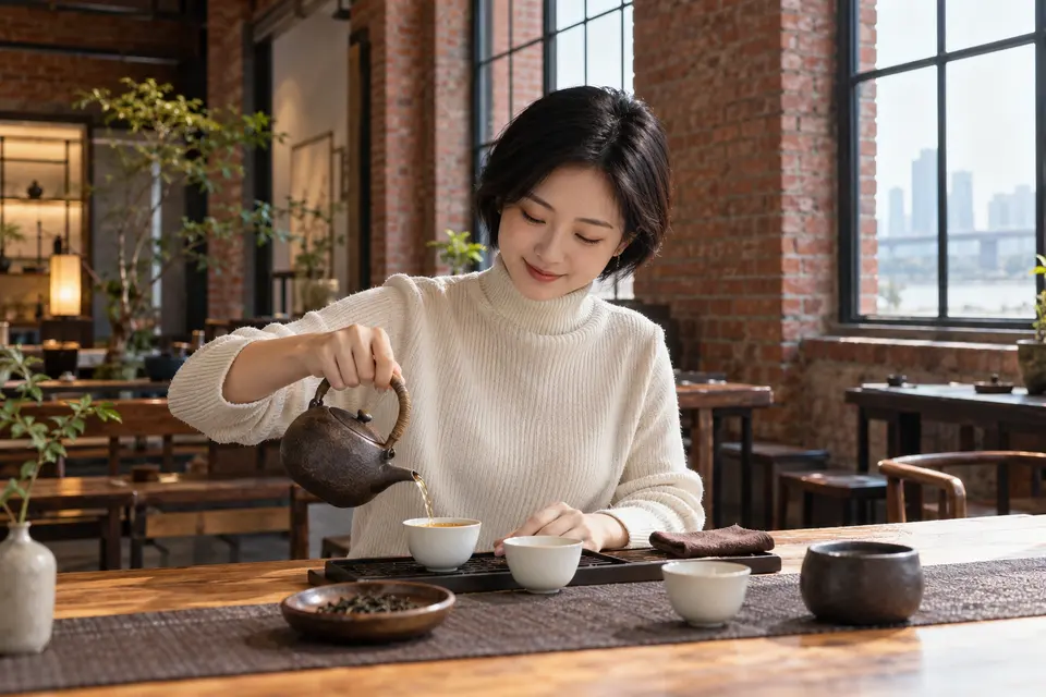 红砖改造空间中的陶壶倒茶茶席
