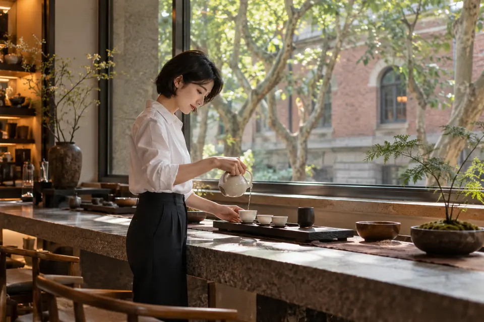 都市街区茶室中的白瓷茶具与倒茶场景